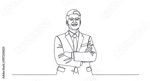 Confident Businessman Line Art, Arms Crossed, Smiling