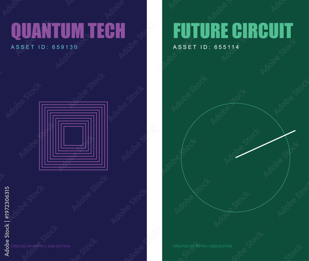 Fototapeta premium Quantum Tech and Future Circuit abstract posters, minimalist geometric vector illustrations, dark purple and green technology background set