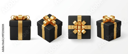 Luxurious black gift boxes adorned with opulent gold ribbons and bows, symbolizing elegance and festivity for celebrations and premium gifting