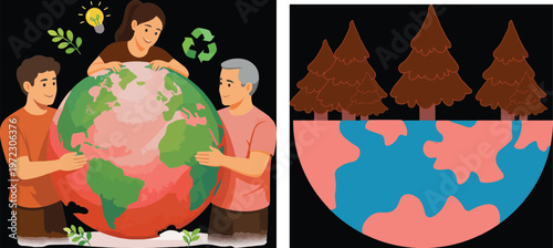 Environmental protection vector set, people hugging the earth globe for sustainability, reforestation and forest conservation concept illustrations