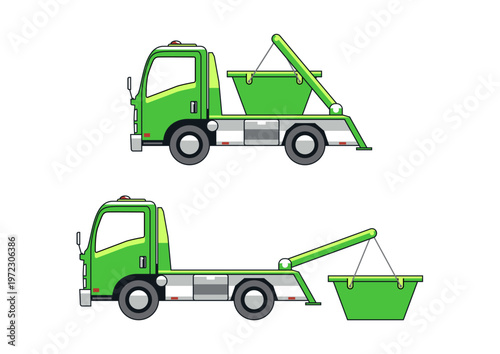 Cantilever skip truck. Side view of two skip trucks. Flat vector.	
