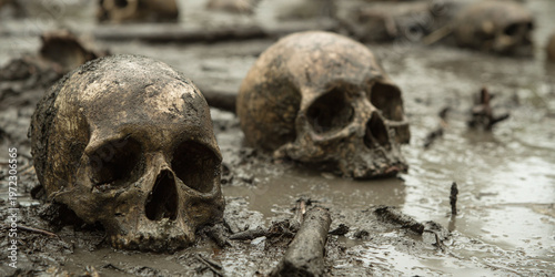A haunting scene of human skulls partially submerged in muddy water, evoking feelings of mystery and history.