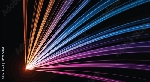 Multicolored light beams, vibrant rays, glowing lines, abstract background