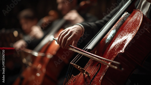 Close-up of a musician's hand playing a cello on stage, capturing the essence of classical music.