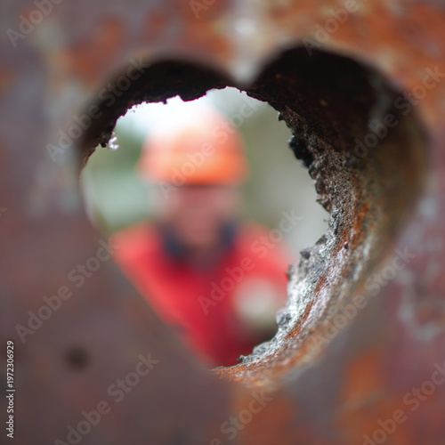 A heart-shaped hole frames a focused view of a man in a hard hat, symbolizing passion for work.
