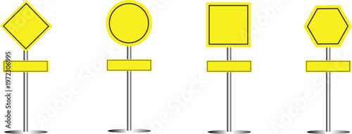 Set of yellow traffic signs with warning symbols and directional road sign elements isolated on background