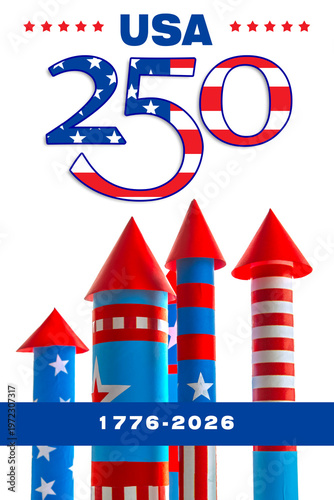 USA 250 anniversary greeting card
. Fourth of July design with patriotic decor
. American Independence celebration layout 4 th of july.