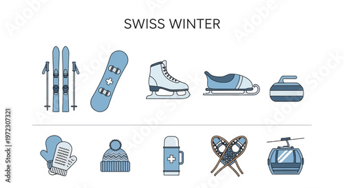Collection of Swiss Winter Sports and Activities Icons.