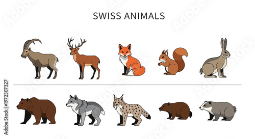 Collection of Swiss Animals in a Flat Design Style.