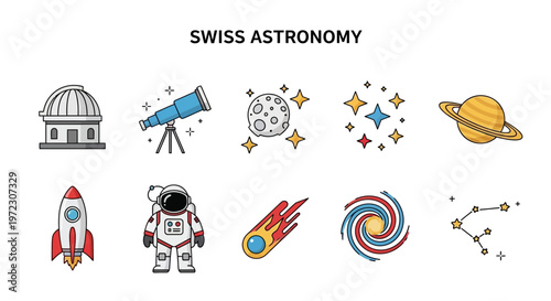 Collection of Swiss Astronomy Icons and Symbols.