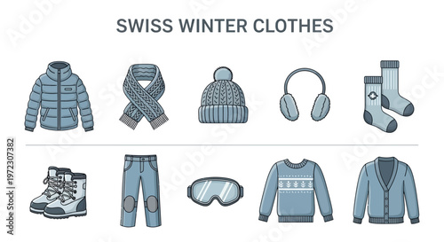 Collection of Swiss Winter Clothing and Accessories for Cold Weather.