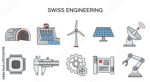 Swiss Engineering Icons Representing Innovation and Industry.