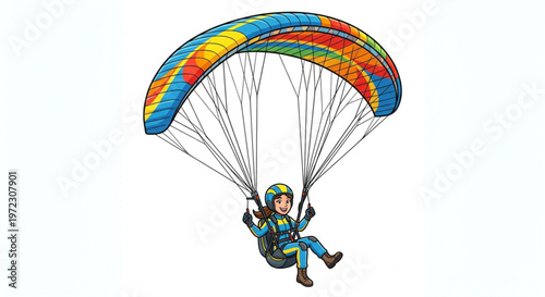 Cartoon character man flying with colorful paraglider isolated on white background