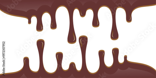 Hot chocolate drip illustration. Melting chocolate on white background. Drippy ice cream vector design. Wavy choco melt border. Brown chocolate drips illustration.