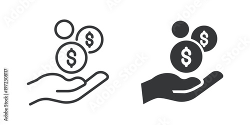 Receiving Coins thin line and solid icon. Multi series icon. Web minimal icon