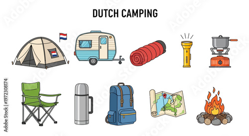 Dutch Camping Equipment and Activities Illustration.