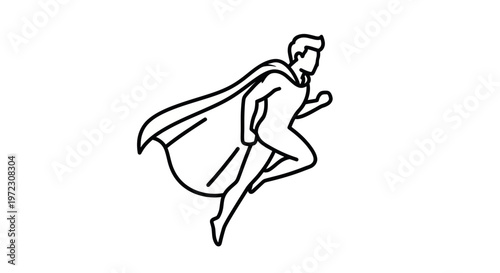 Obraz na płótnie Superhero running with cape, dynamic outline illustration, white background