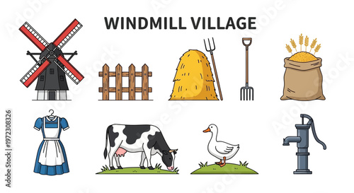 Windmill Village Rural Farm Icons Set.