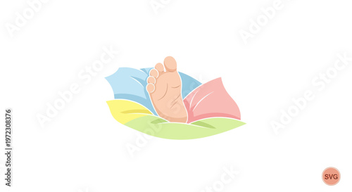 Foot resting on colorful pillows, comfort and relaxation concept