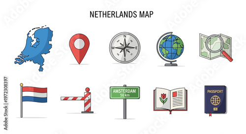 Collection of Netherlands Map Related Icons and Symbols.