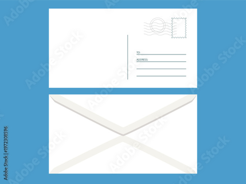 Empty Blank white envelope template front and back for travel, airmail, design, card. Vector Vintage template postcard isolated on blue background.
