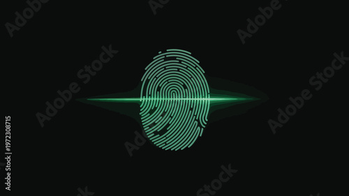 Biometric fingerprint scan with glowing green laser line, digital identity verification technology, futuristic security thumbprint on black background