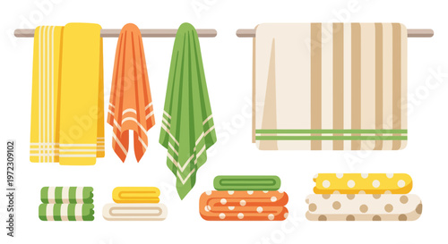 Colorful Towels Hanging and Folded on Racks, Bathroom Accessories