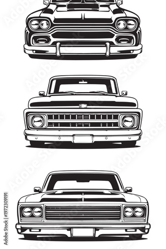 Vintage classic truck front view set, retro pickup truck vector illustrations, black and white automotive icons, 3 elements for garage and t-shirt design