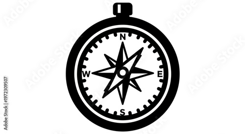 Circular compass with star-shaped needle pointing north, isolated on white background for navigation and adventure.