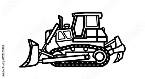 Heavy bulldozer facing right on plain background, isolated construction equipment with detailed treads and hydraulic arm.