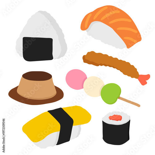 A colorful collection of Japanese food illustrations including sushi, onigiri, dango, and tempura. These simple flat vector icons feature a clean, hand-drawn style on a white background.