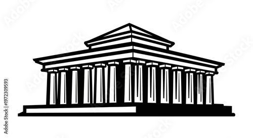 Classical Greek temple with columns isolated on white, minimalist architectural illustration.
