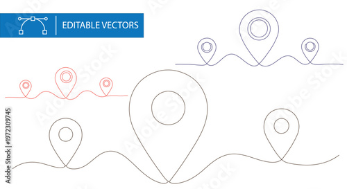Minimalist map pin icons in continuous line art style, editable vector location pointers, navigation markers for travel and logistics web design