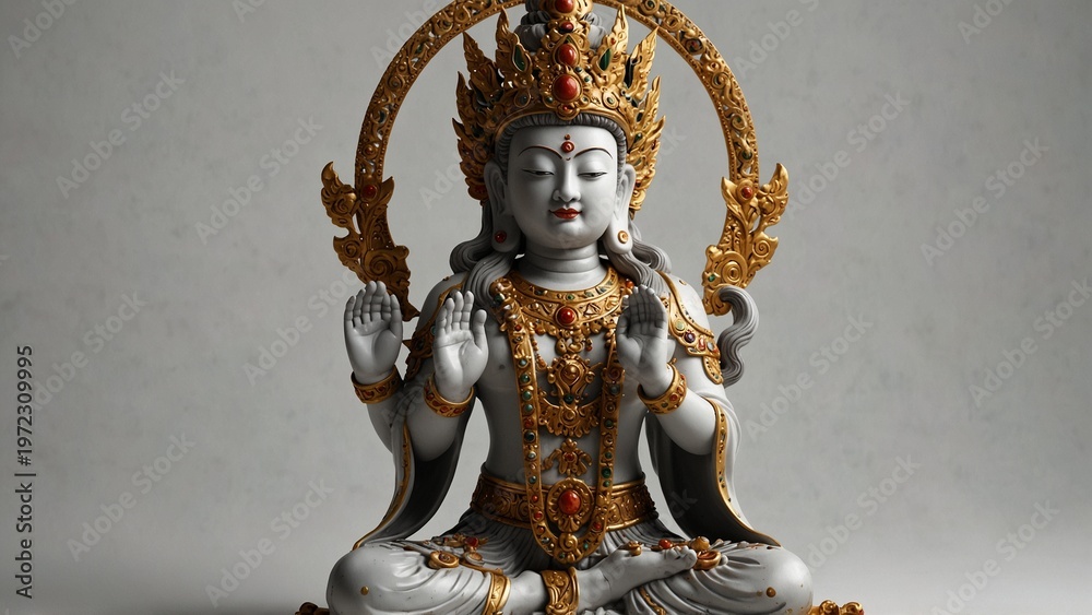 Fototapeta premium Statue of person sitting in meditation position, 3d render style background - Generative AI