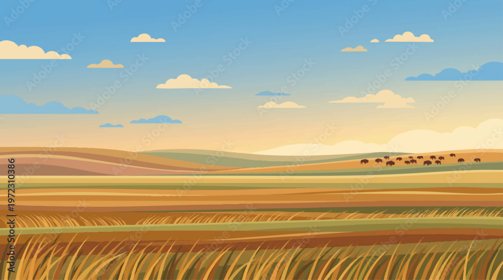 Fototapeta premium Serene landscape of rolling fields under a bright sky Vector, illustration