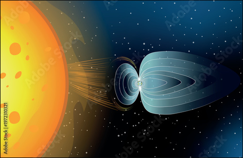 Earth Magnetosphere Deflecting Solar Wind Flat Style Vector Illustration