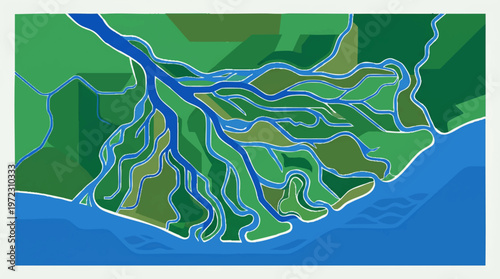 Topographical map of a coastal region with river systems and elevation contours Vector, illustration