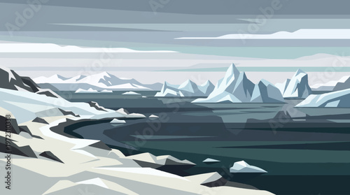 Floating icebergs in a serene and icy polar landscape under cloudy skies Vector, illustration