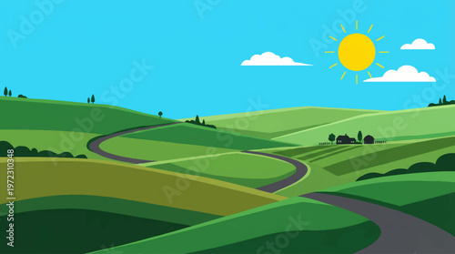 Serene countryside road winding through lush green fields under a bright sun Vector, illustration