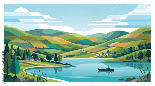 Serene landscape with lakeside house and rolling hills Vector, illustration