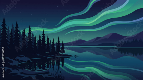 Serene night forest reflected in calm waters under aurora lights Vector, illustration