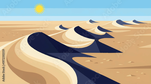 Serene desert landscape with winding road and towering sand dunes under a bright sun Vector, illustration