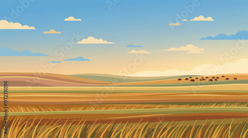 Serene landscape of rolling fields under a bright sky Vector, illustration

