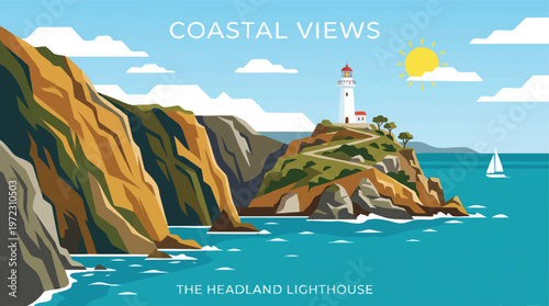 Scenic coastal view featuring a lighthouse on a rocky island Vector, illustration