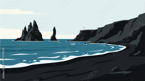 Majestic volcanic rock formations emerging from serene coastal waters Vector, illustration