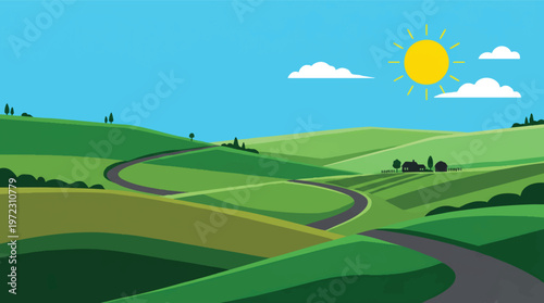 Serene countryside road winding through lush green fields under a bright sun Vector, illustration
