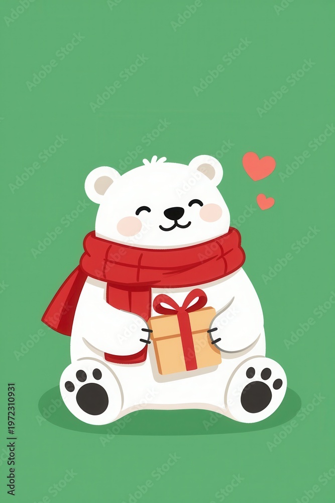 Fototapeta premium Cute Polar Bear Illustration Holding a Gift Box with Red Scarf