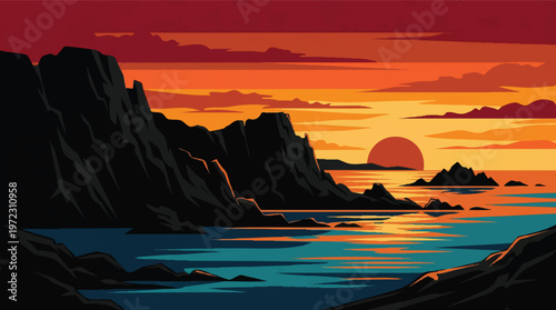 Serene sunset over rocky coastal waters reflecting warm golden hues Vector, illustration