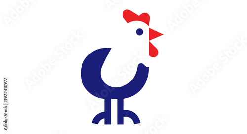 Modern Stylized Chicken Icon, Simple Blue and Red Design, White Background