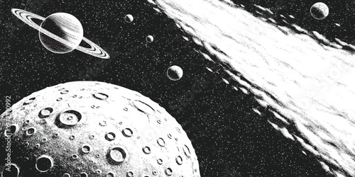 Black and white space scene with planets craters and galactic nebula vector illustration for cosmic design projects